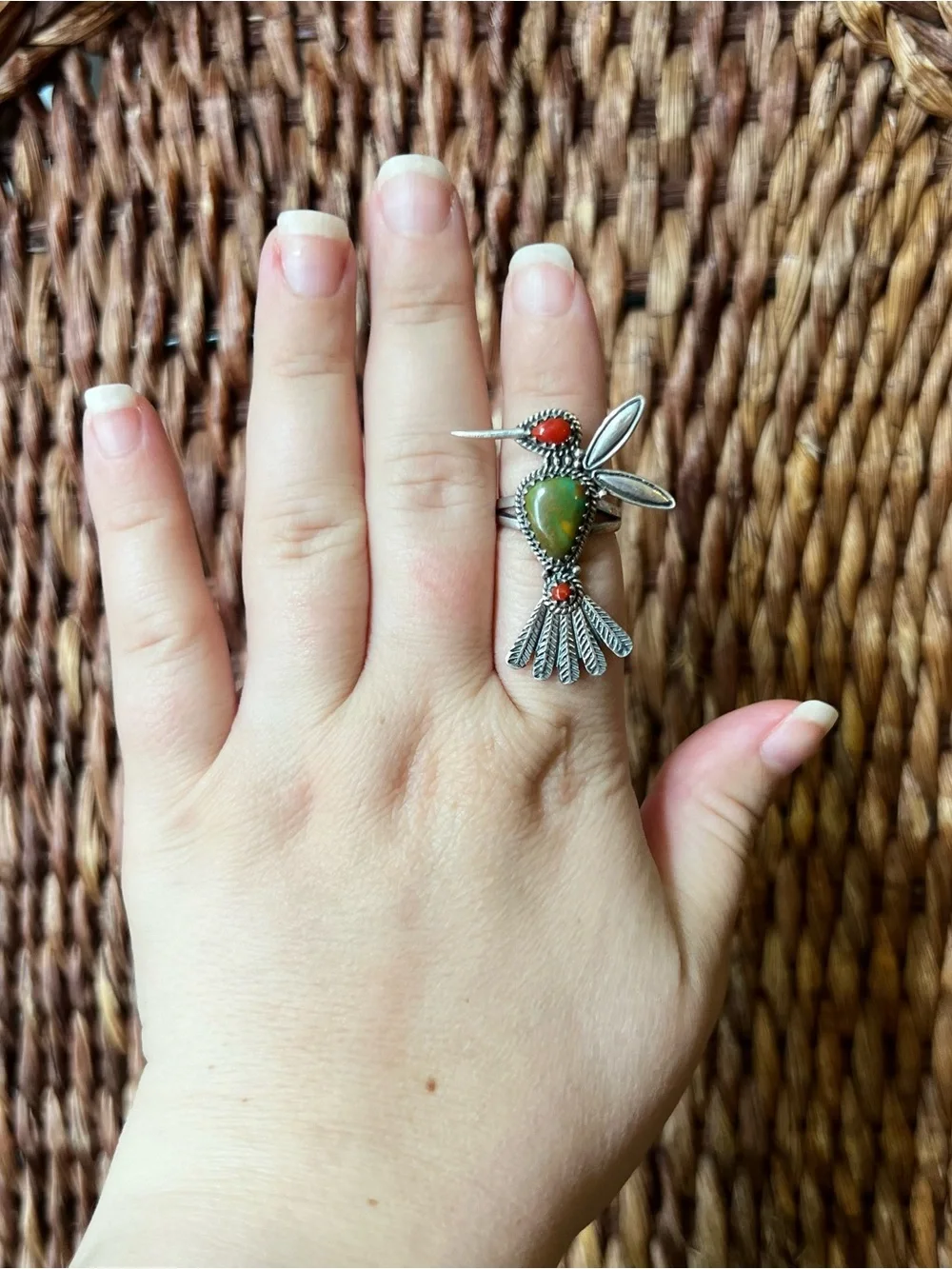 Hummingbird Ring Kingman Turquoise Red Coral Sterling Silver Size 7